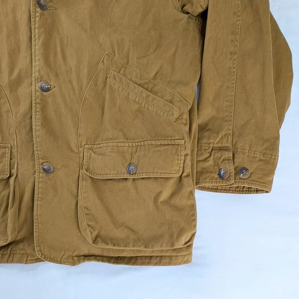 VTG Tan Khaki Multi Pocket Brown Collar Plaid Flannel Line Barn Coat Chore